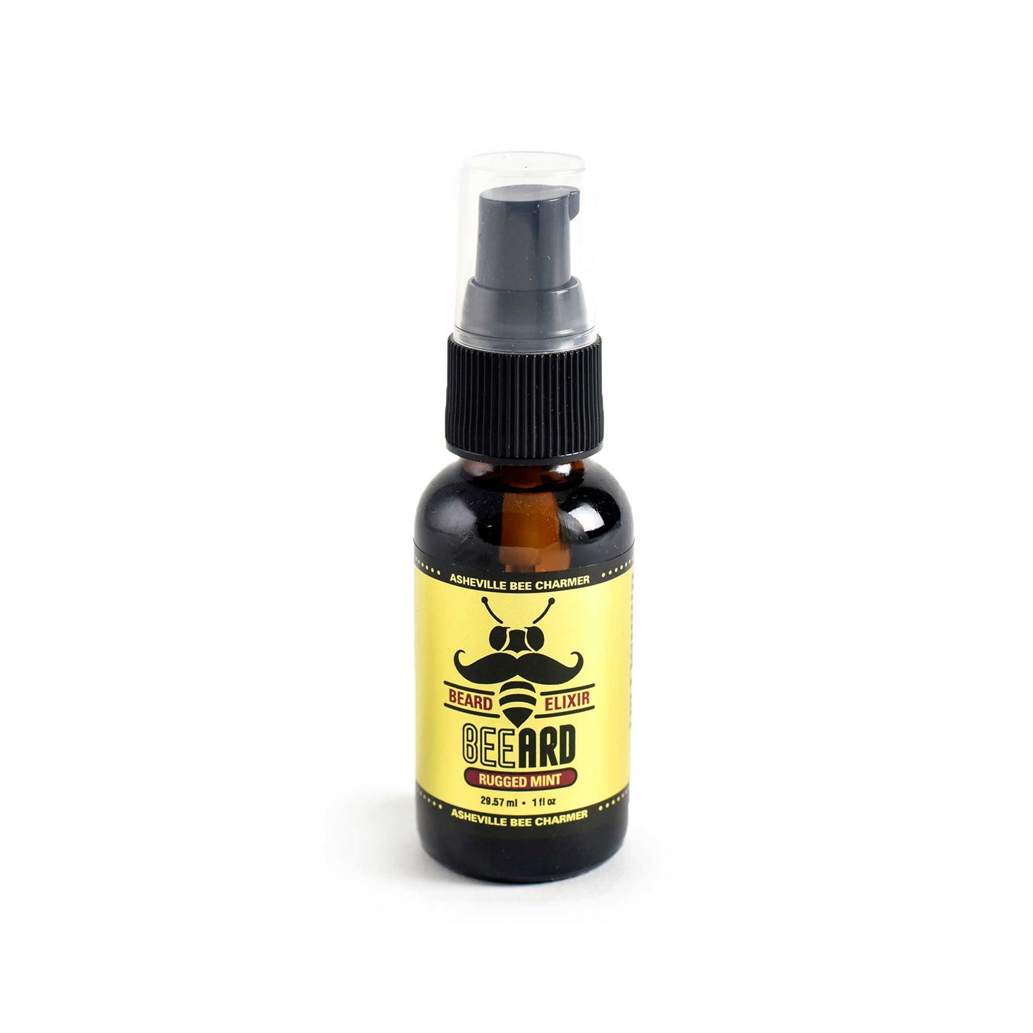 A 1 fl oz pump bottle of The Bee Charmer’s Rugged Mint scented Beard Elixir.