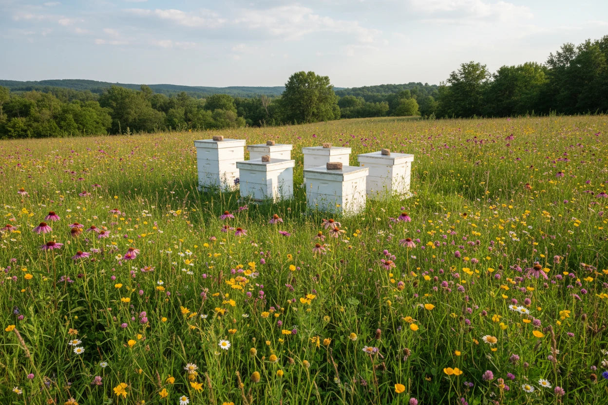 A group of Bee Charmer bee hives in a beautiful meadow with lots of flower blossoms.