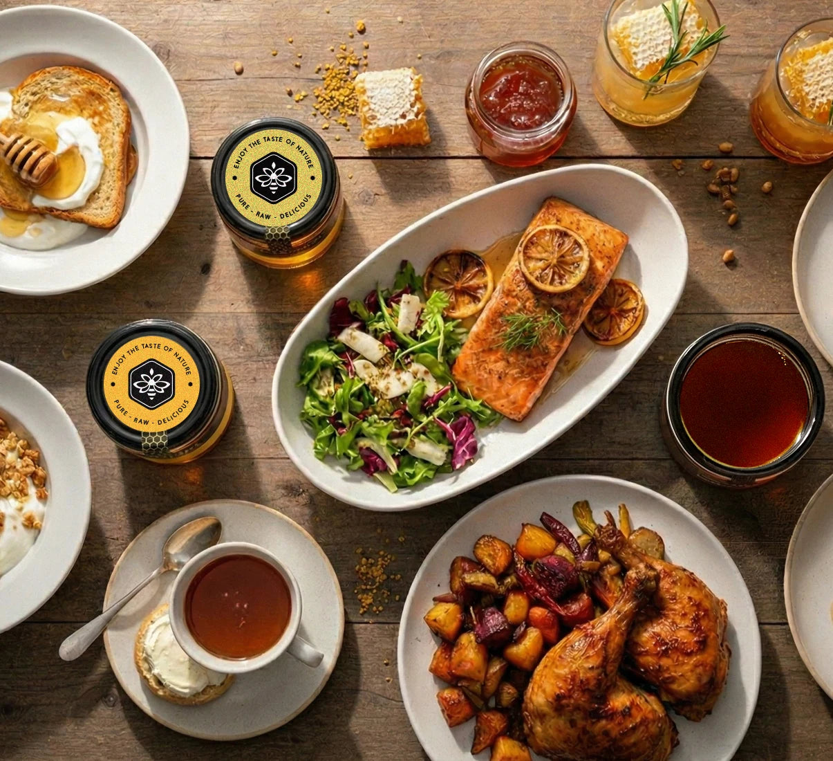 Diverse breakfast and brunch items, including yogurt, toast, salmon, chicken, and tea, all enhanced with Bee Charmer Honey.