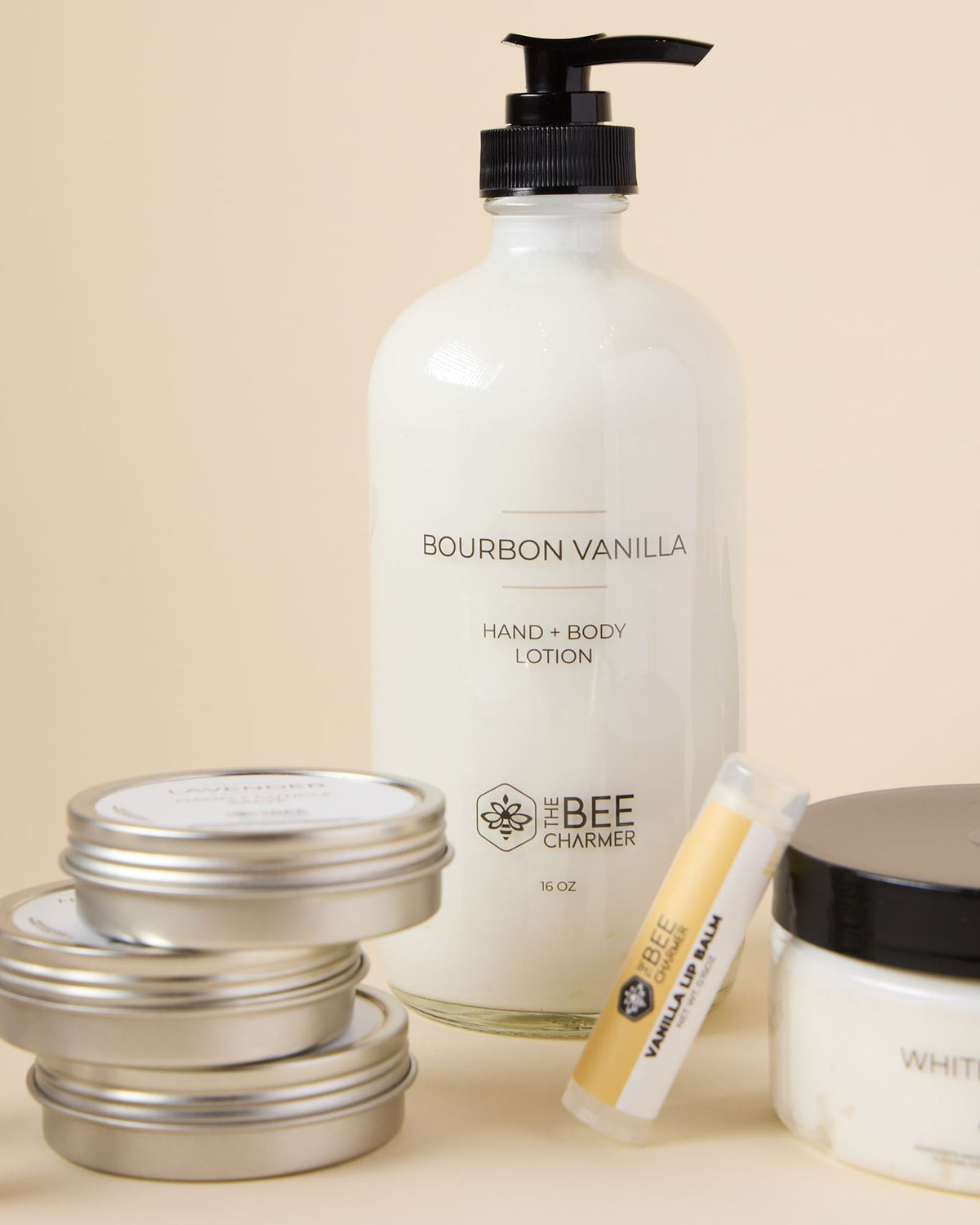 Bourbon Vanilla Hand & Body Lotion with Hand & Cuticle Salve tins and Vanilla Lip Balm