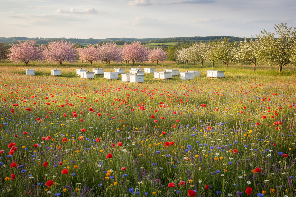 A set of white bee hive bodies in a field of wildflowers and blossoming trees.  Make the hives set back a little like you are looking at them from say 20 yards away