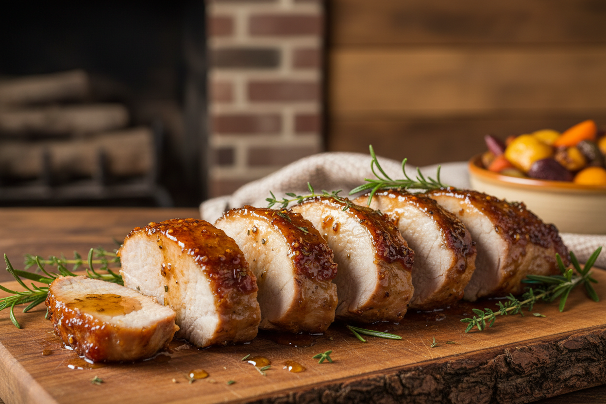 Gallberry honey's rich, mildly tangy profile makes it an excellent choice for glazes and marinades for Chicken or pork, adding a touch of Southern sweetness and a beautiful caramelization.  Create an image of the above focused on the pork
