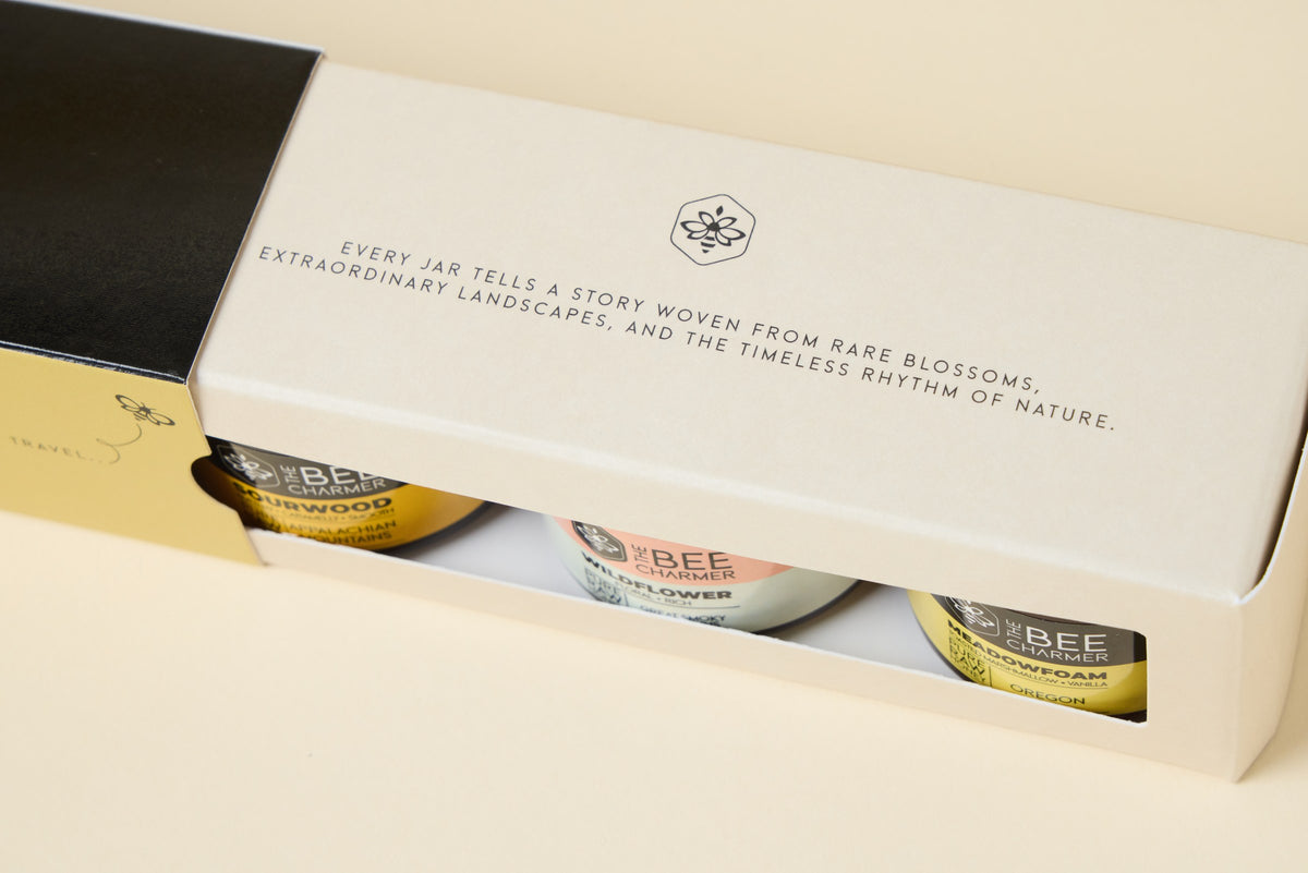 Honey Favorites 3-Pack Gift Set box top, showing Sourwood, Wildflower and Meadowfoam honey