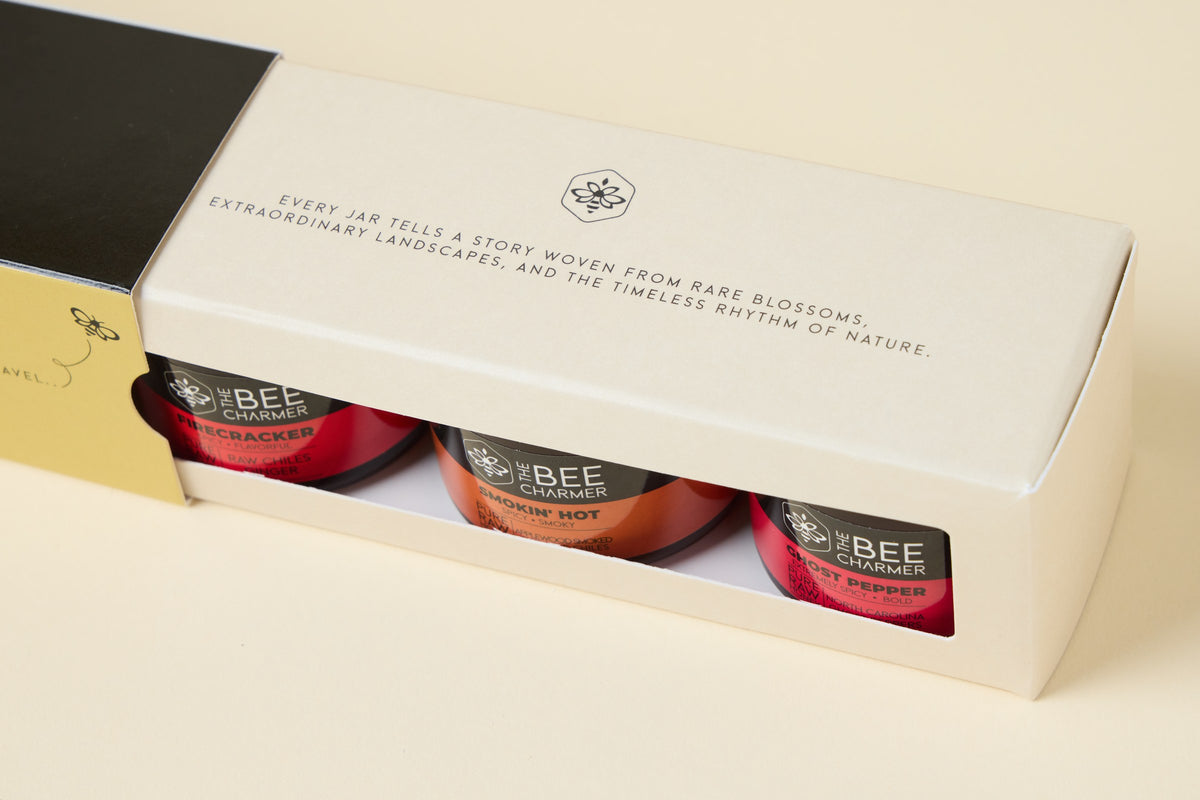 Hot Honey 3-Pack Gift Set box top, showing Firecracker, Smokin' Hot and Ghost Pepper honey